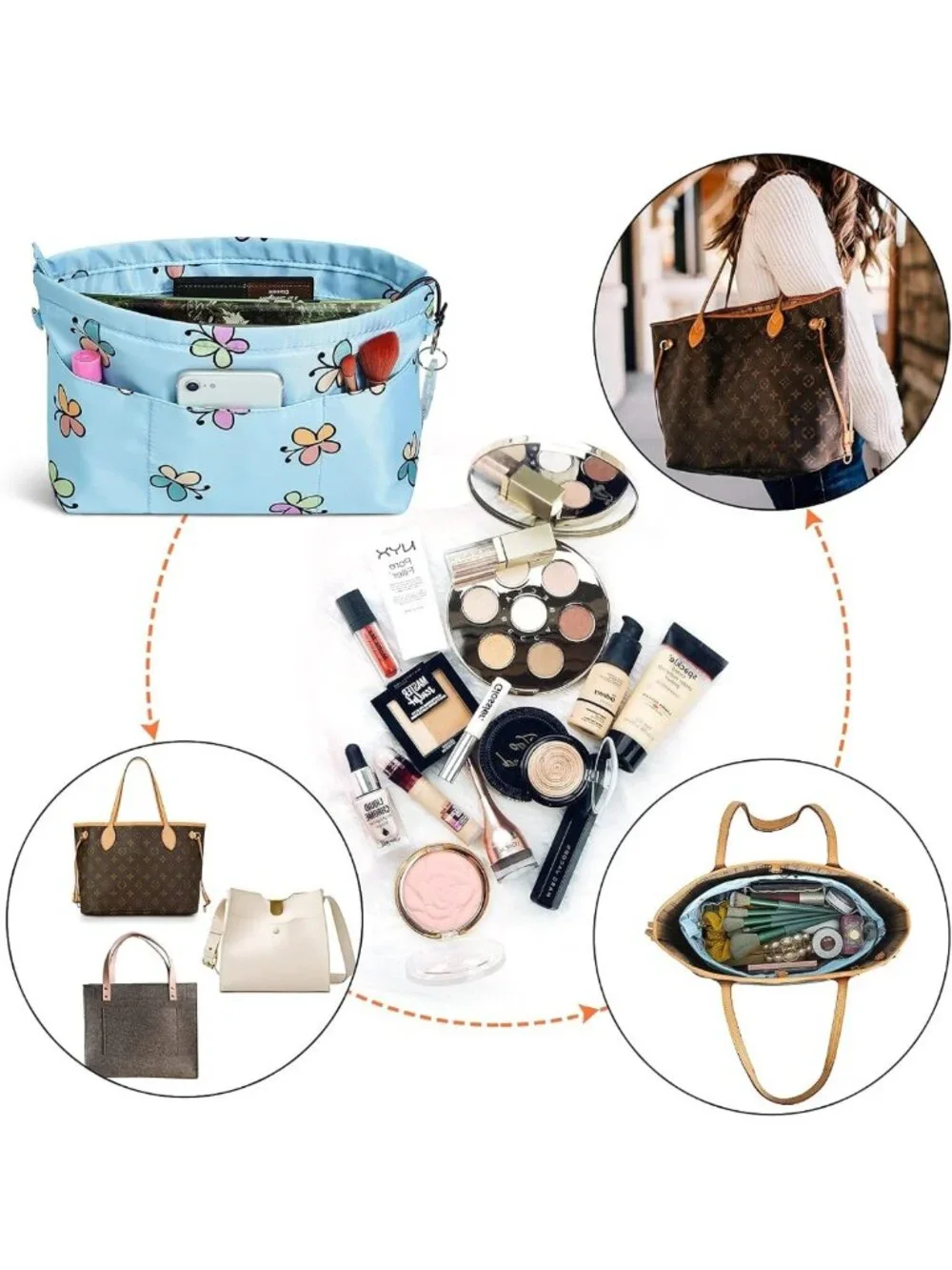 Premium Nylon Purse Organizer Tote - Bag Insert with 13 Pockets & 5 Sizes